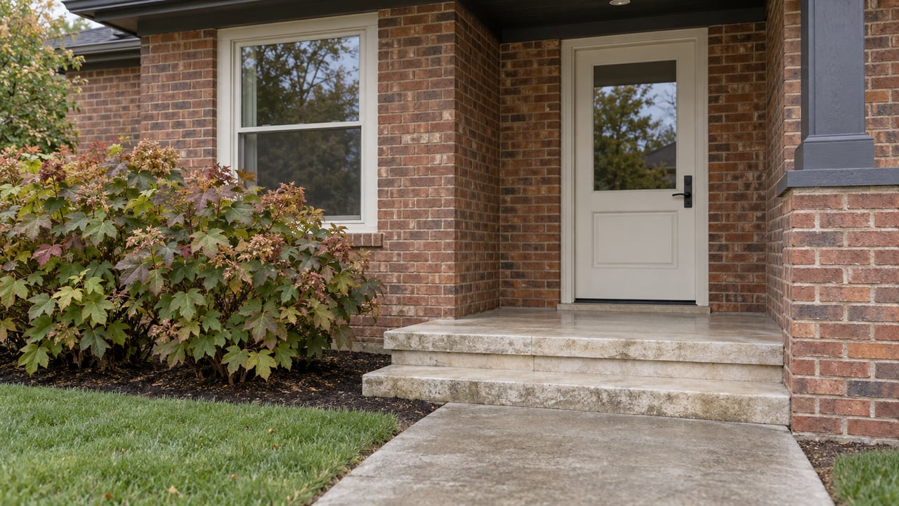 Brick home entry with an off-white glazed door, raised stone porch, worn concrete walk, and russet hydrangea.