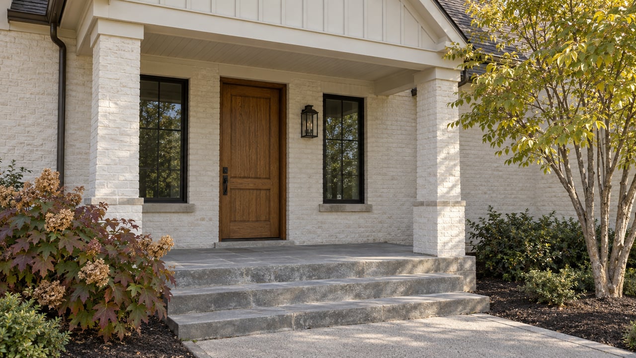 White painted-brick home entry with an oak door, limestone steps, and autumn redbud and oakleaf hydrangea planting.
