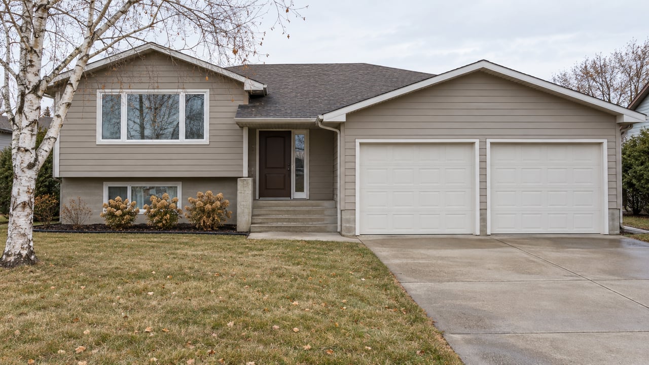 Taupe split-entry house with a two-car garage, dormant autumn lawn, white-barked birch, and dried hydrangea flowers beneath the windows.