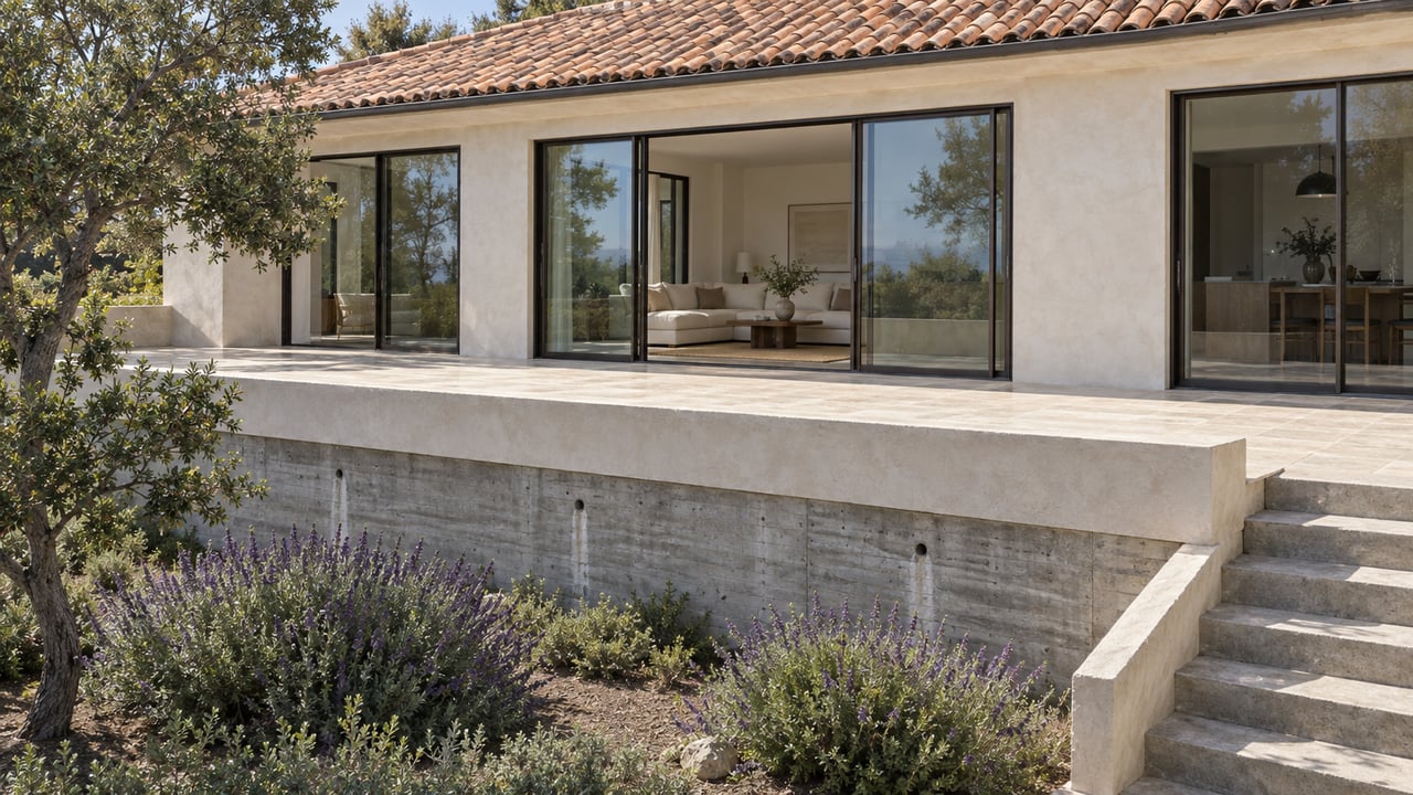 Pale-stucco coastal house with glazed terrace doors above a board-formed concrete retaining wall and garden stair.