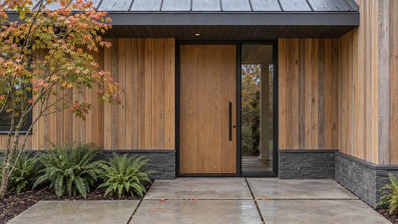 Cedar-clad home entry with an oak door, glazed sidelight, concrete approach, and autumn leaves.