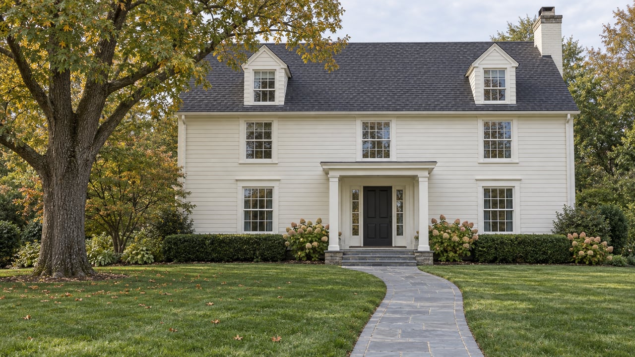 White Colonial-style house with dormer windows, a dark front door, and a curved stone walkway.