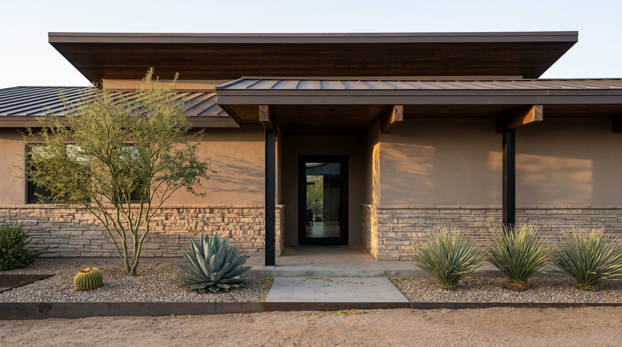 Desert-modern home with warm stucco, stacked-stone walls, dark metal roof, and sculptural desert plants.