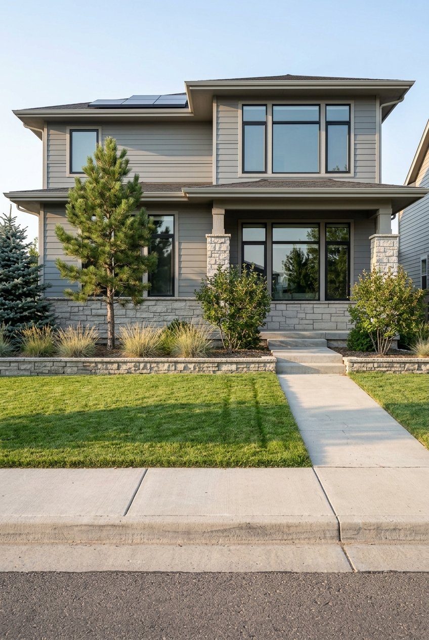 Modern transitional house with stone and siding, front lawn, sidewalk, and planted front bed.