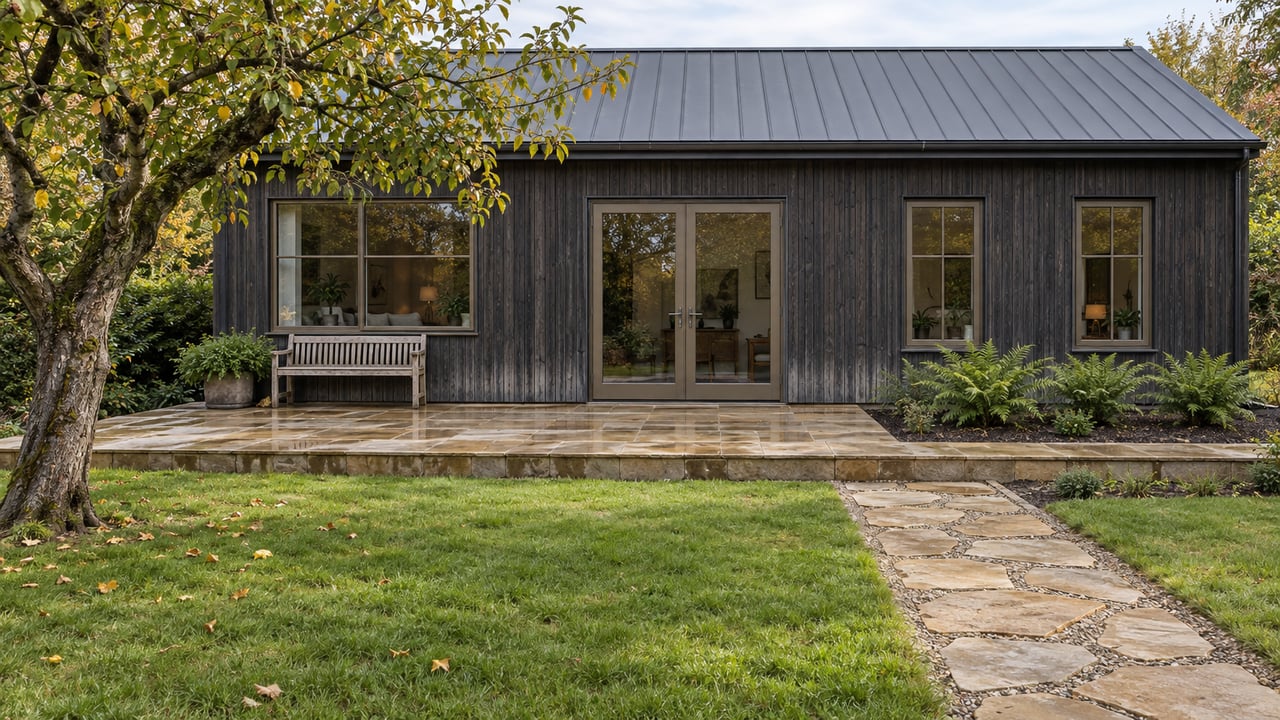 Weathered cedar home with bronze-framed garden doors, a sandstone terrace and a mature apple tree beside a deep lawn.