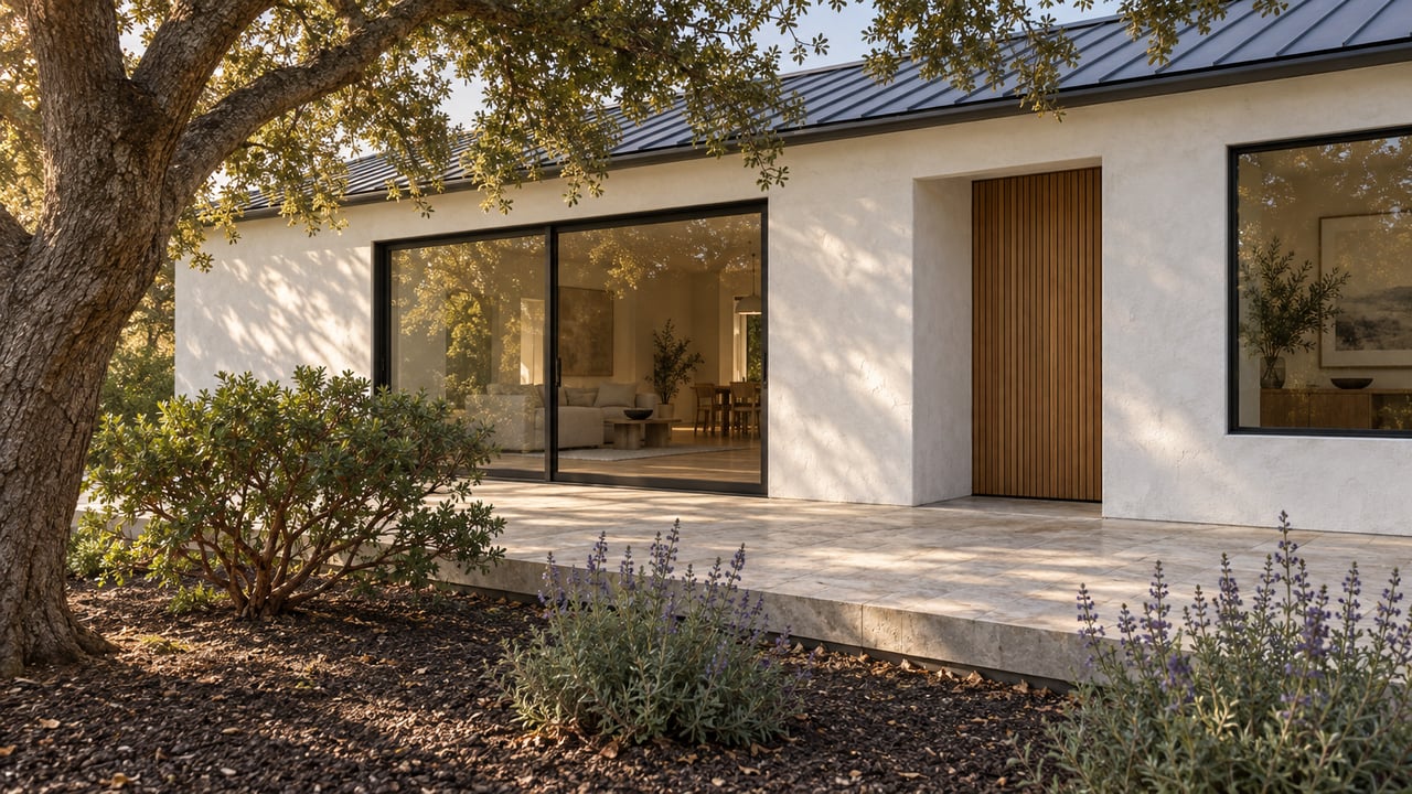 Garden-side home with black-framed glass doors, limestone terrace, oak tree, and low sculptural planting.