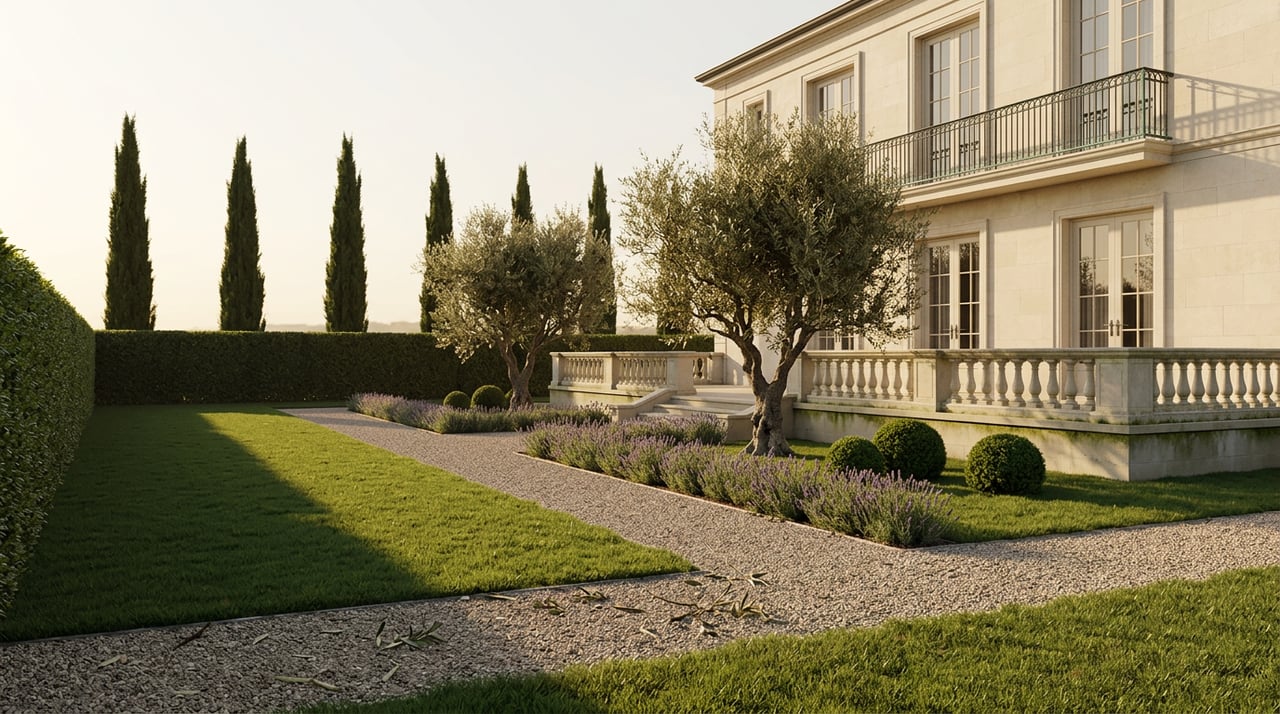 Manicured lawn and diagonal gravel path lead to a limestone estate with French doors, olive trees, and lavender.