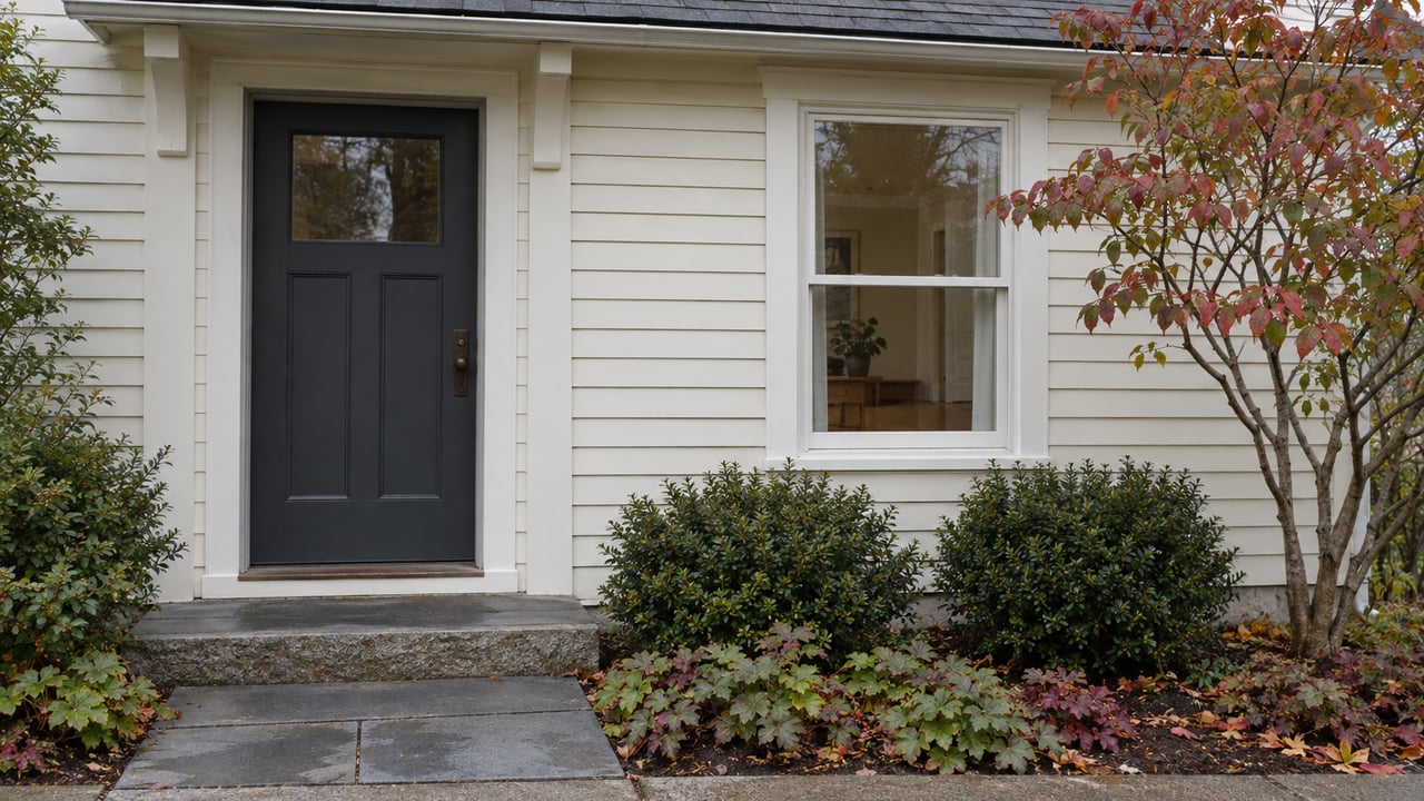 Compact cream clapboard house with a charcoal entry door, double-hung window, bluestone walk, and planted beds.