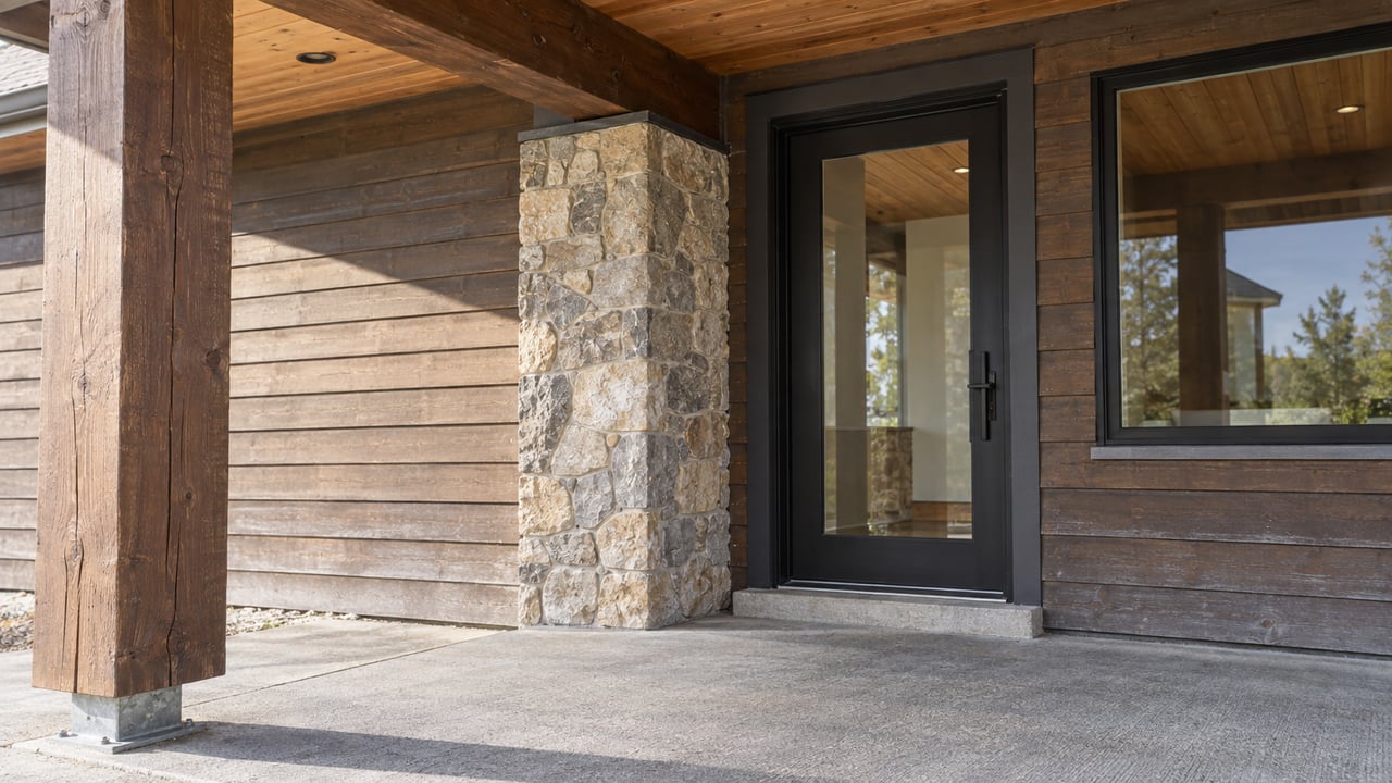 Close view of a covered home entry with checked timber, textured buff stone, black-framed glazing and a concrete porch.