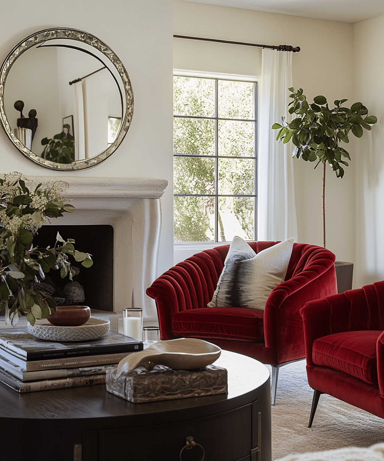 Living room with red velvet armchairs, a white fireplace, and a tall sunlit window.