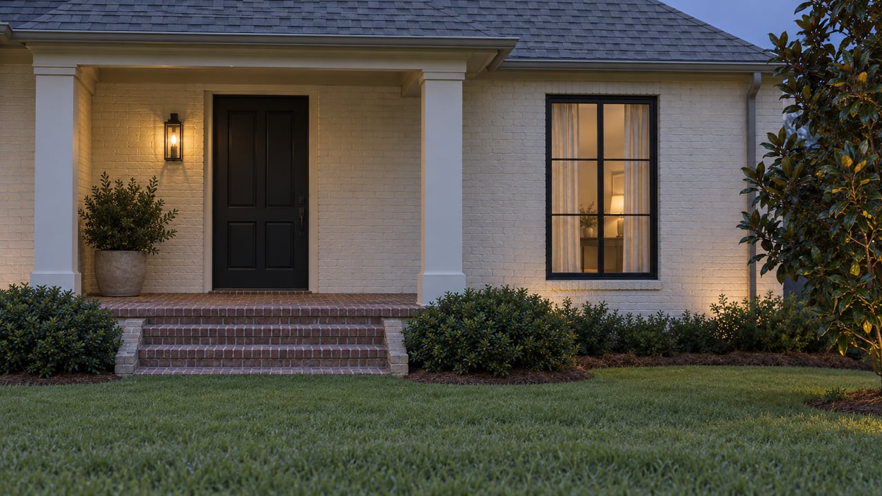 Painted-brick house at blue hour, with a glowing porch sconce and warm light behind a divided-light window.
