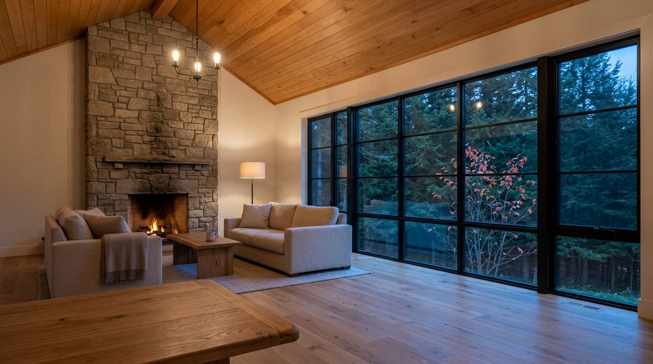 Great room with vaulted wood ceiling, stone fireplace, and black-framed windows overlooking dark evergreens at dusk.