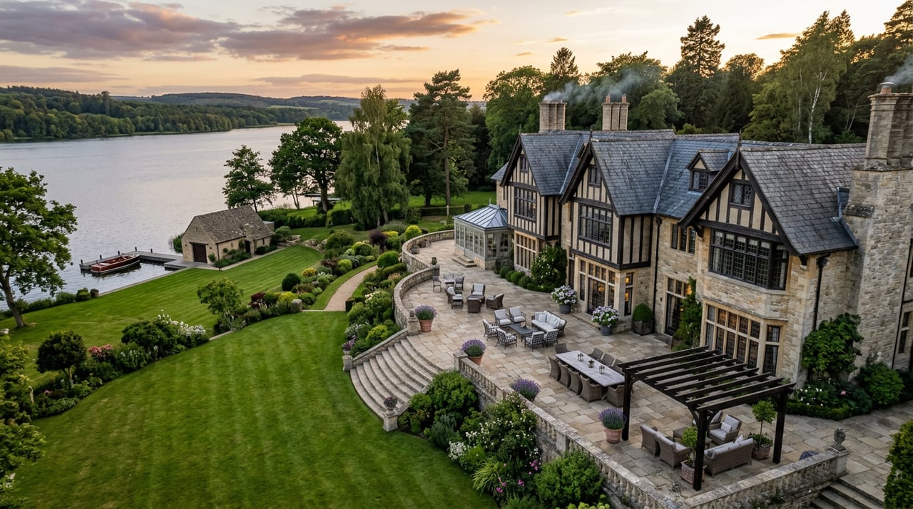 Raised three-quarter view of a white estate’s rear facade and stone terrace beneath a mature bur oak canopy.