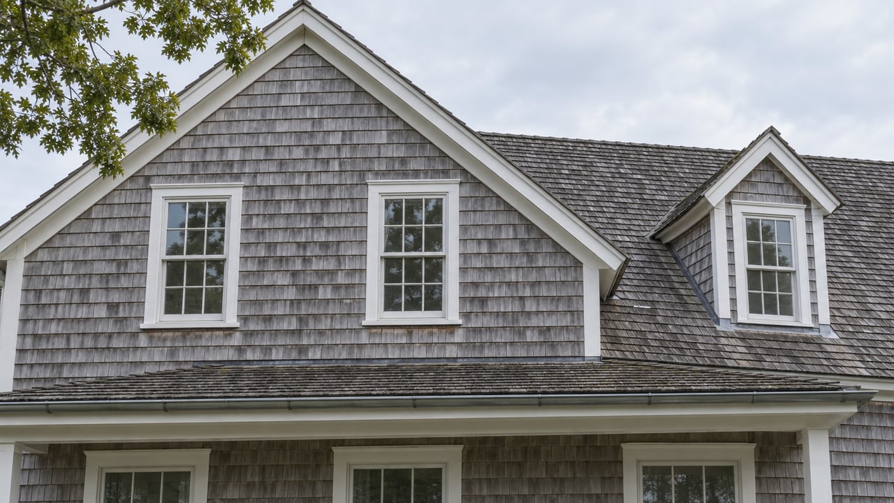 Weathered gray cedar house with white-trimmed sash windows, a gabled roof and a single dormer beneath a pale sky.