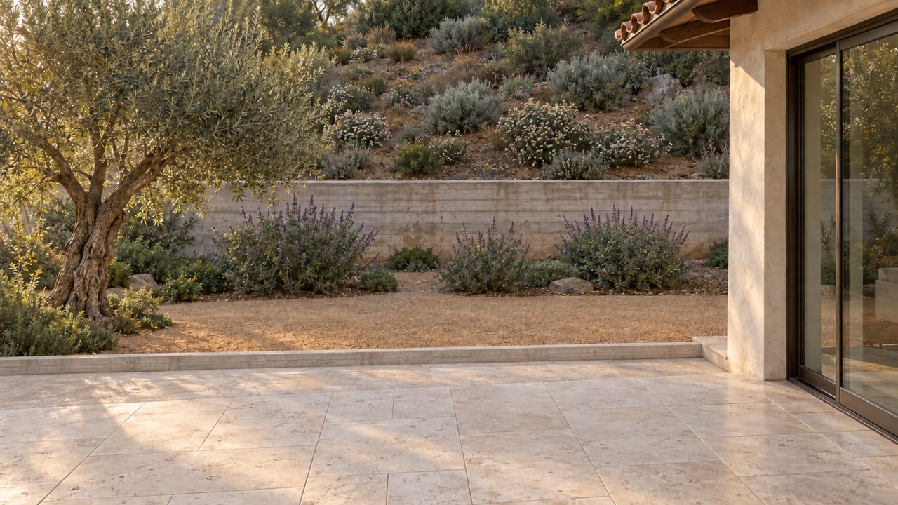 Limestone terrace bordered by a low concrete curb beside a decomposed-granite garden and olive tree.