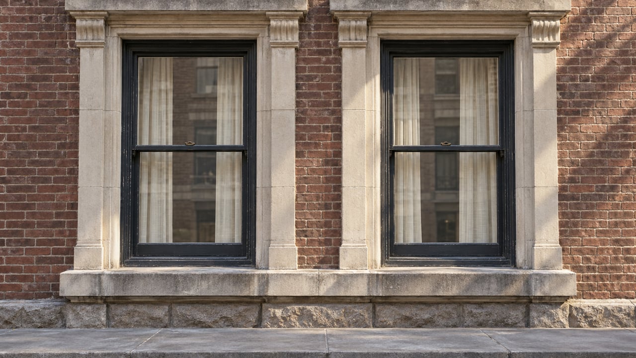 Two tall dark-framed windows with linen curtains set into weathered limestone and reddish-brown brick above a stone landing.