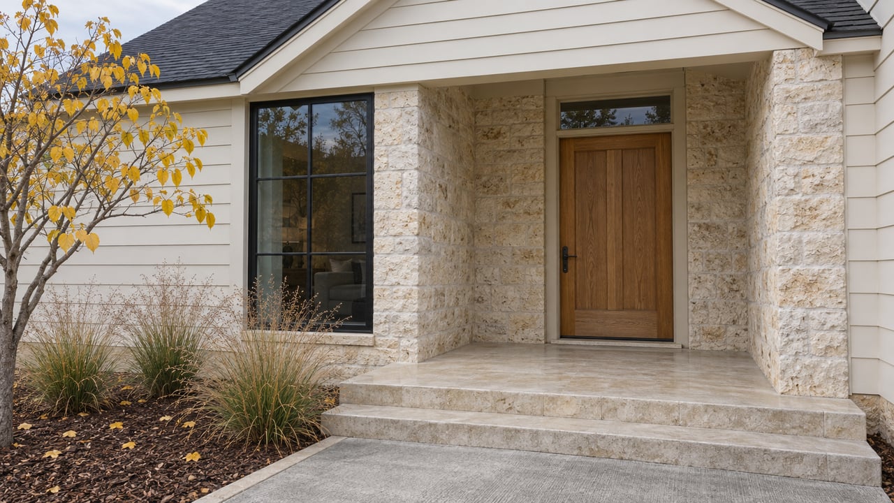 Light-sided home with a recessed limestone entry, oak front door, broad stone steps and autumn redbud leaves.