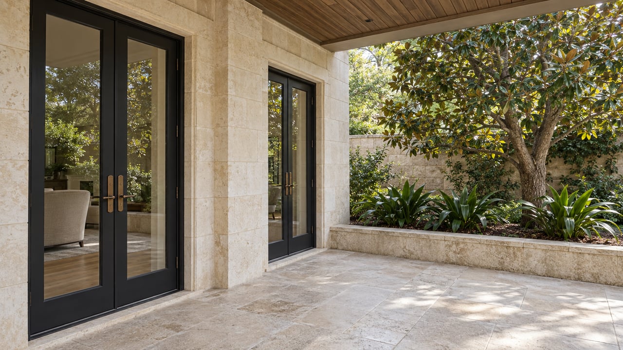 Covered limestone terrace with paired black-framed glass doors, wood ceiling and a magnolia garden behind a raised stone border.