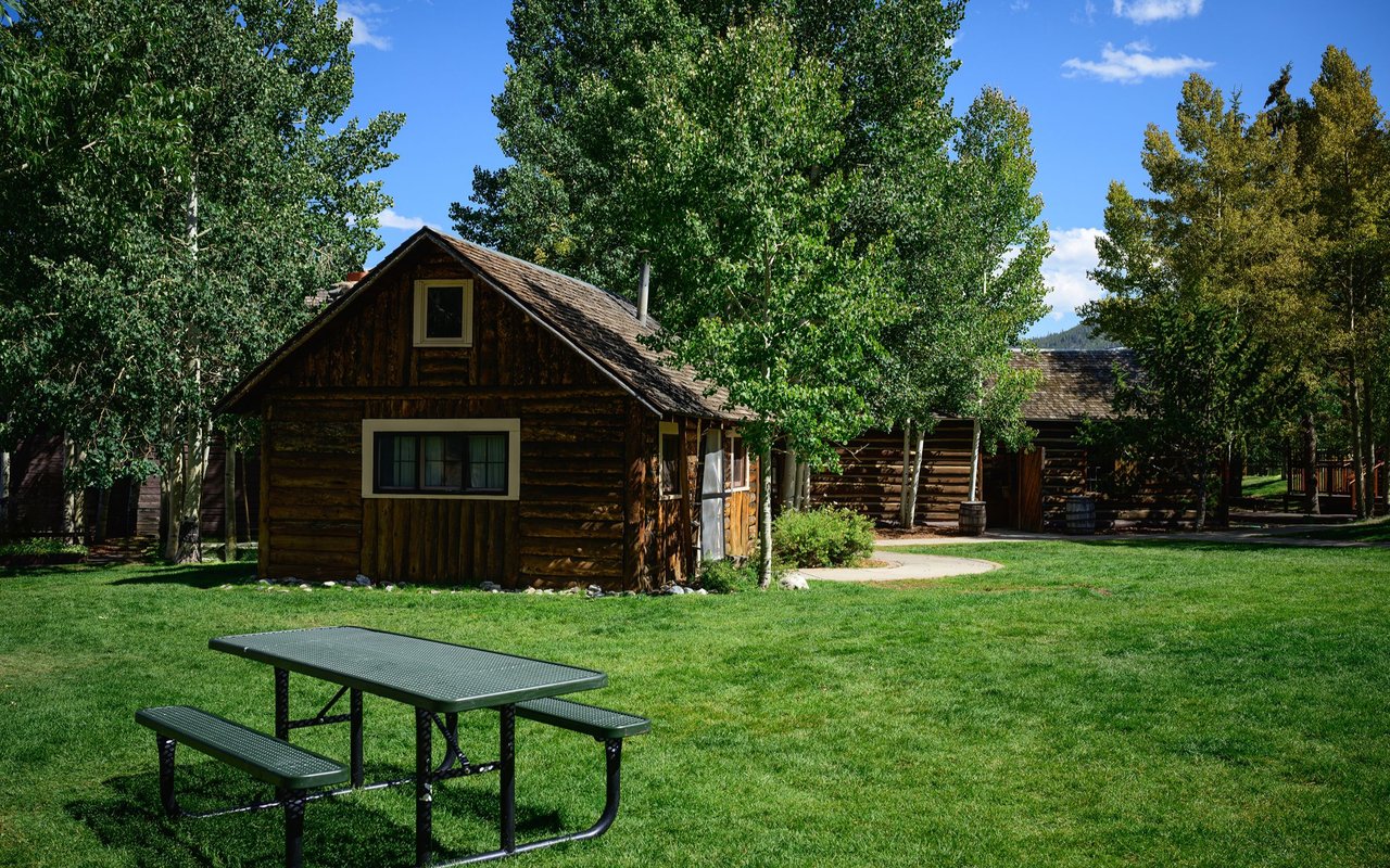 Rustic log cabins beside a grassy lawn, with a picnic table in the foreground.