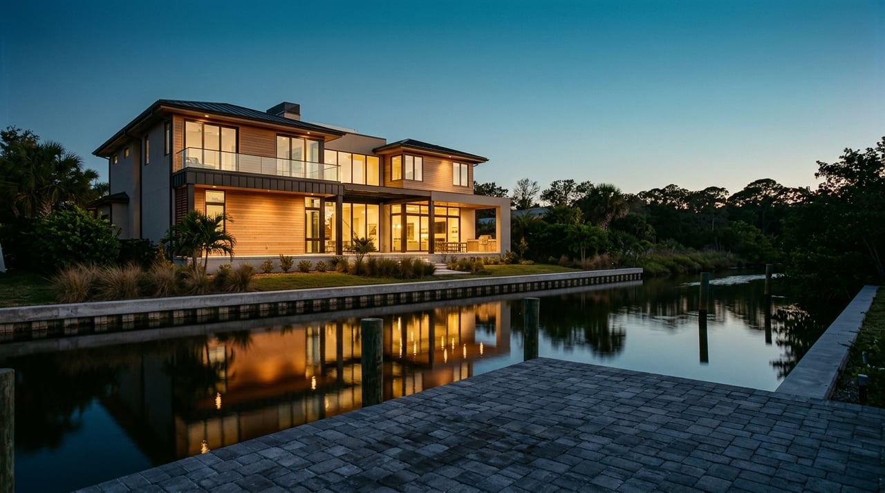Modern white-stucco home and pool reflected in a canal at dusk, with an empty boat lift and coiled dock line.