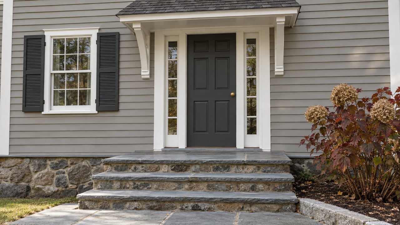 Gray clapboard home entrance with a charcoal door, white sidelights, fieldstone foundation and worn bluestone steps beside burgundy oakleaf hydrangea.