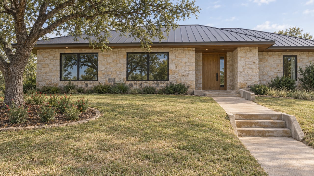Limestone single-story home with a charcoal roof, broad front lawn, concrete entry steps and a spreading live oak.