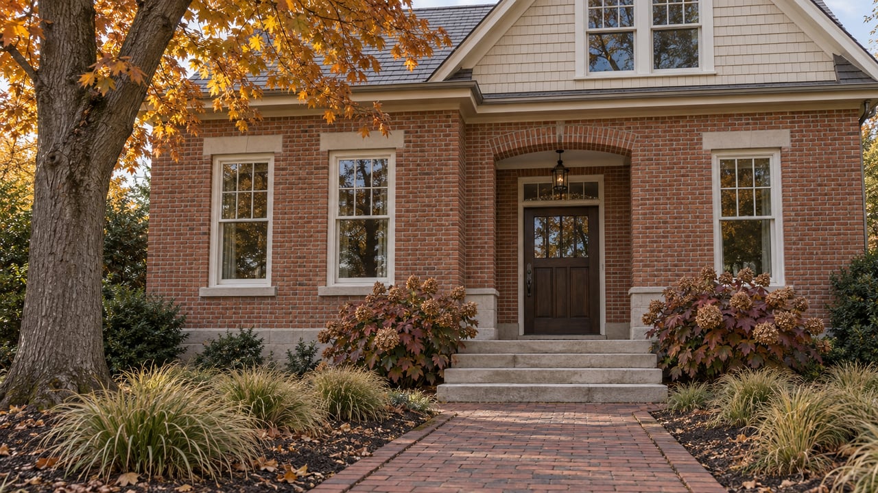 Traditional brick home with limestone entry steps, a clay-paver walk, and autumn planting beneath a mature maple.