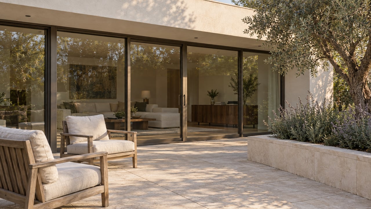 Cream-stucco home opening onto a limestone terrace with bronze-framed glass doors, teak chairs and a sculptural olive tree in a raised stone planter.