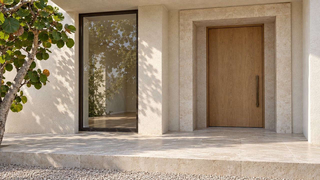 Ivory stucco home entrance with an oak door, bronze-framed window, limestone landing and a sculptural sea grape tree.