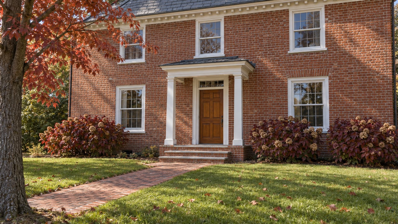 A brick center-entry house with white sash windows, a small columned porch and a brick walk across an autumn lawn.