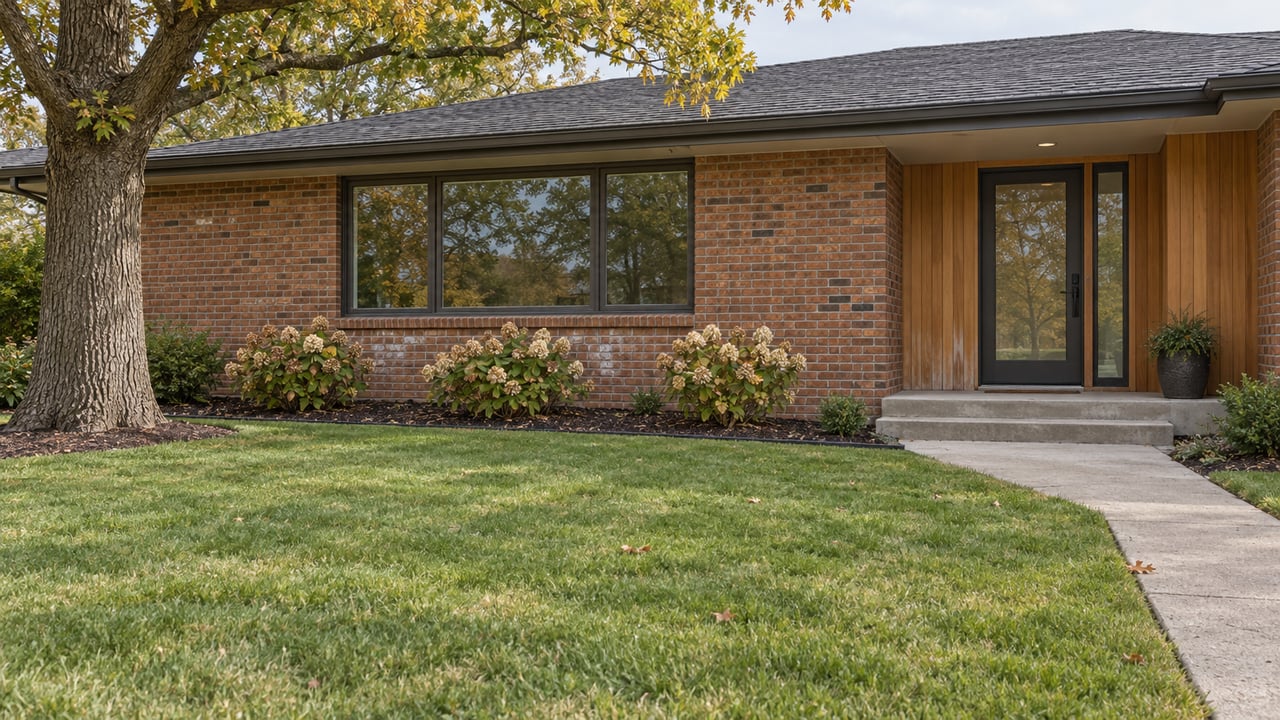An updated brick ranch with broad windows, a cedar-lined entry, and a deep lawn beneath a mature oak.