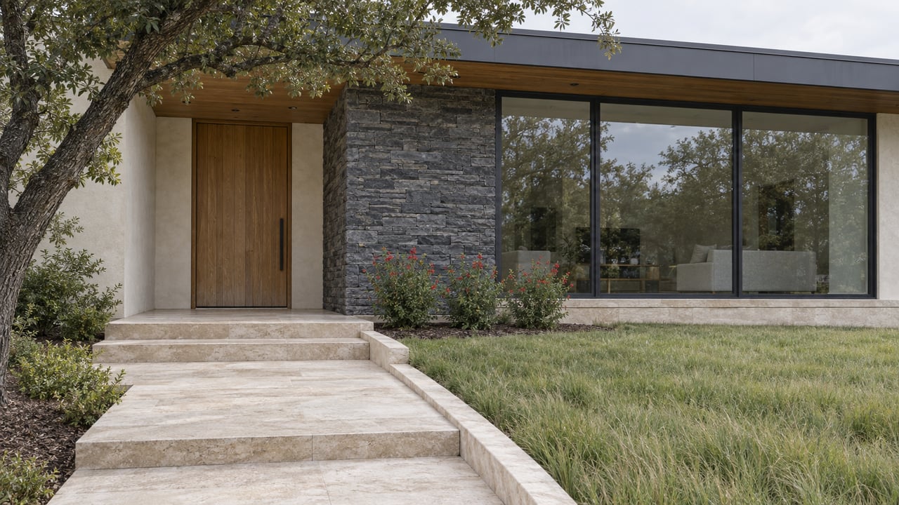 Contemporary home with pale stucco, charcoal limestone, an oak entry door, and broad limestone steps beside a mature live oak.