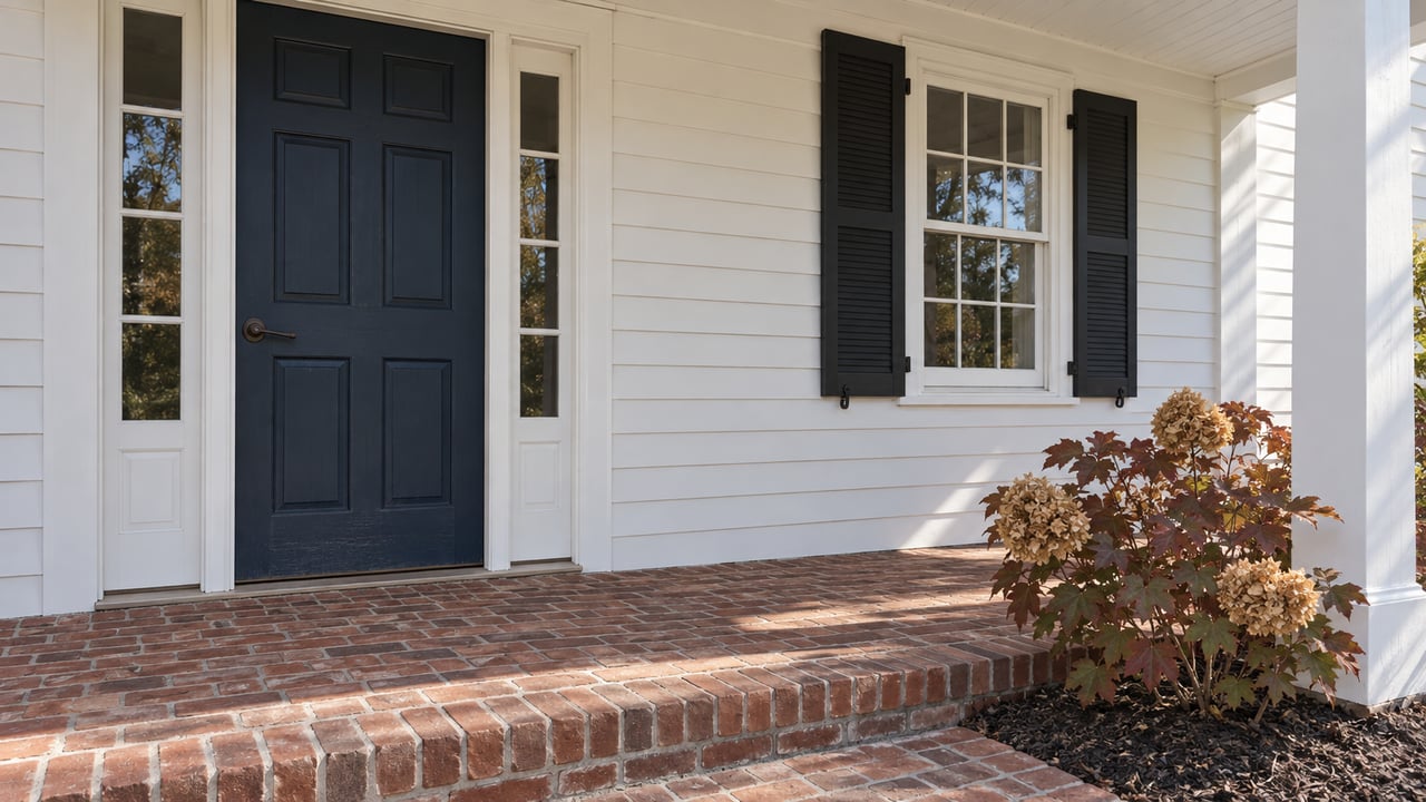 White clapboard home entrance with a navy paneled door, paired sidelights, black window shutters and an aged brick porch beside burgundy oakleaf hydrangea.