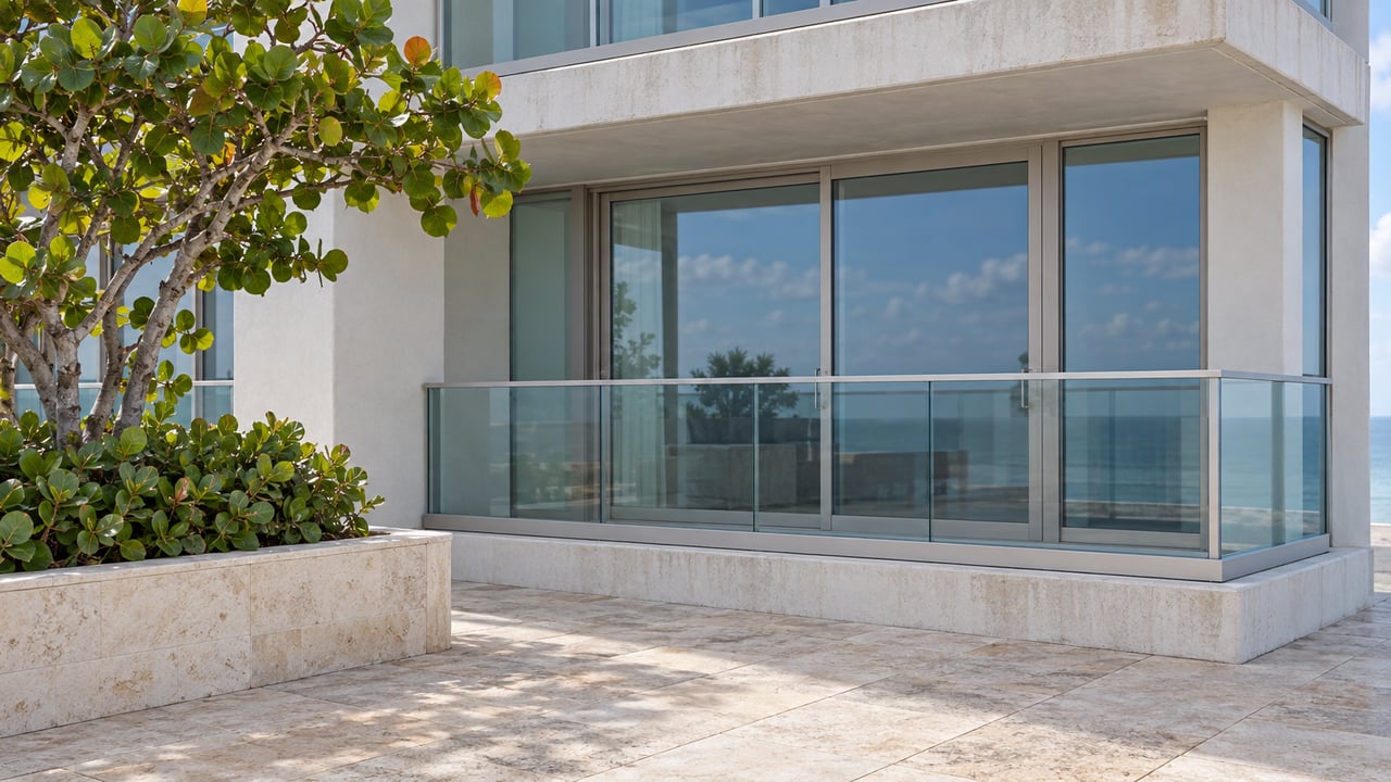 Condominium balcony with clear glass railing, closed sliding doors, and a broad-leaved tree in a raised planter.