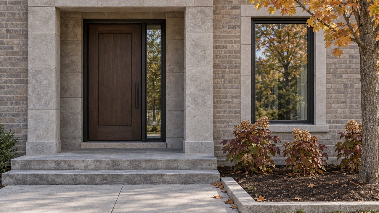 Grey brick home entrance with an oak door, limestone steps, black-framed window and autumn maple beside a planted bed.