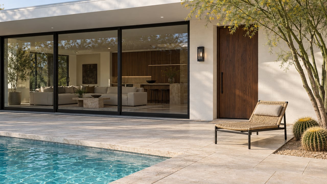 Low white masonry home with walnut door, shaded glass living room, limestone terrace and a turquoise pool corner beside sculptural desert planting.