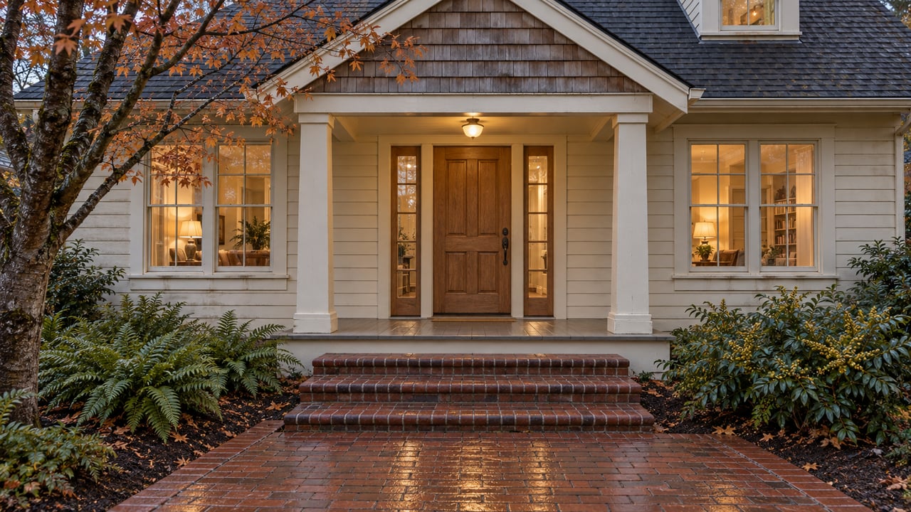 Ivory-sided cottage entrance at twilight, with brick steps, warm windows and an autumn vine maple beside the porch.