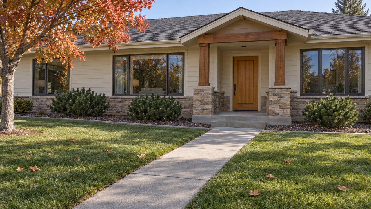 Autumn sunlight on a cream-sided ranch home with timber porch posts, stone entry accents and a broad front lawn.