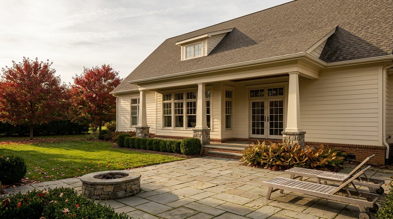 Rear terrace with a bluestone patio, unlit stone fire pit, teak chairs, and scarlet maple trees.