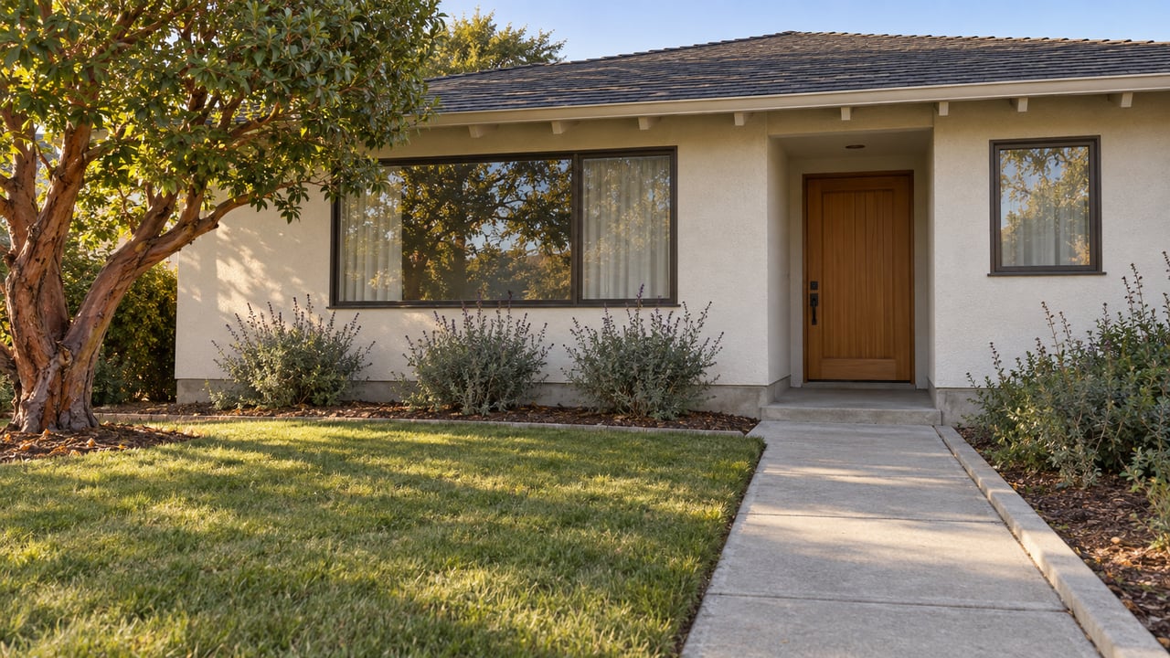 Single-story stucco home with a shaded wood entry, dark-framed windows and a landscaped front garden in afternoon light.