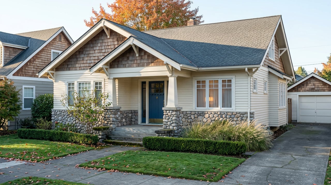 Craftsman bungalow with cream siding, river-rock lower walls, a deep-blue front door, and orange-red maple leaves.