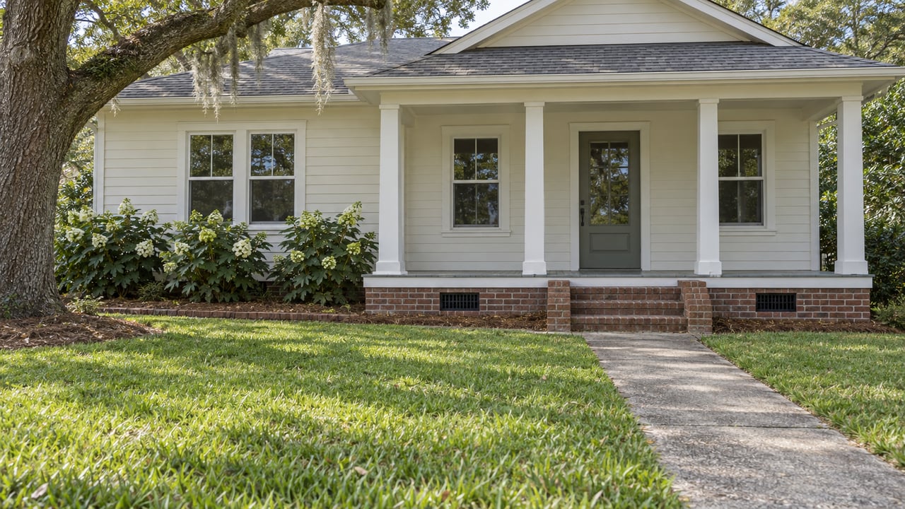Cream clapboard house with a raised white-post porch, brick steps and a broad lawn beneath a spreading live oak.