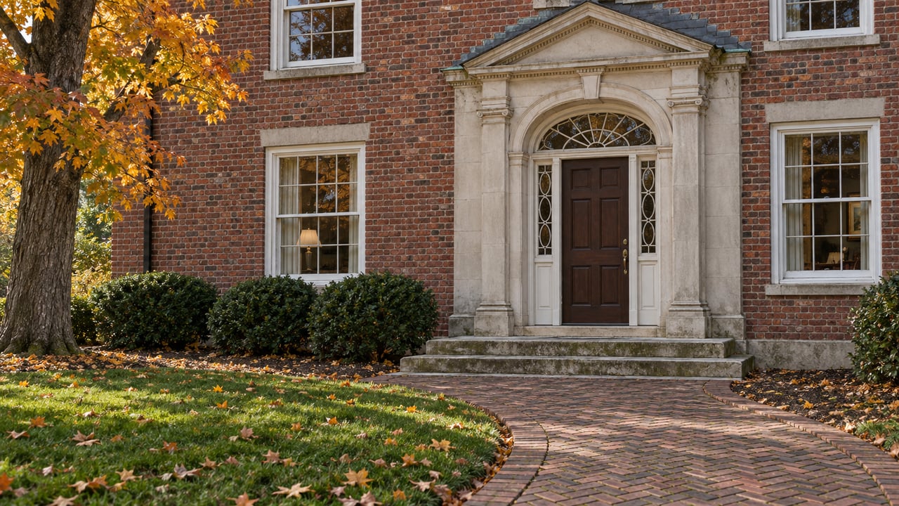 Autumn light on a red brick estate entrance with limestone steps, dark oak door, slate pediment and amber maple leaves beside a curving brick walk.