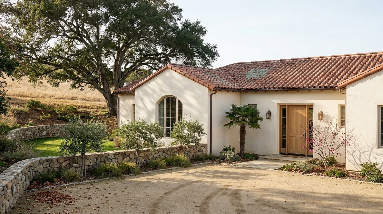Single-story stucco home with tiled roof, gravel motor court, oak canopy, and stone retaining wall.