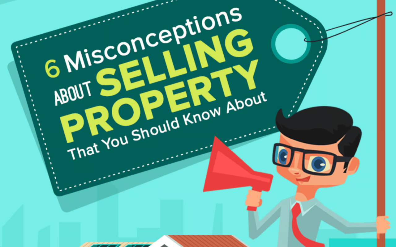 Illustration about six misconceptions when selling property, with a cartoon real estate agent holding a pointer.