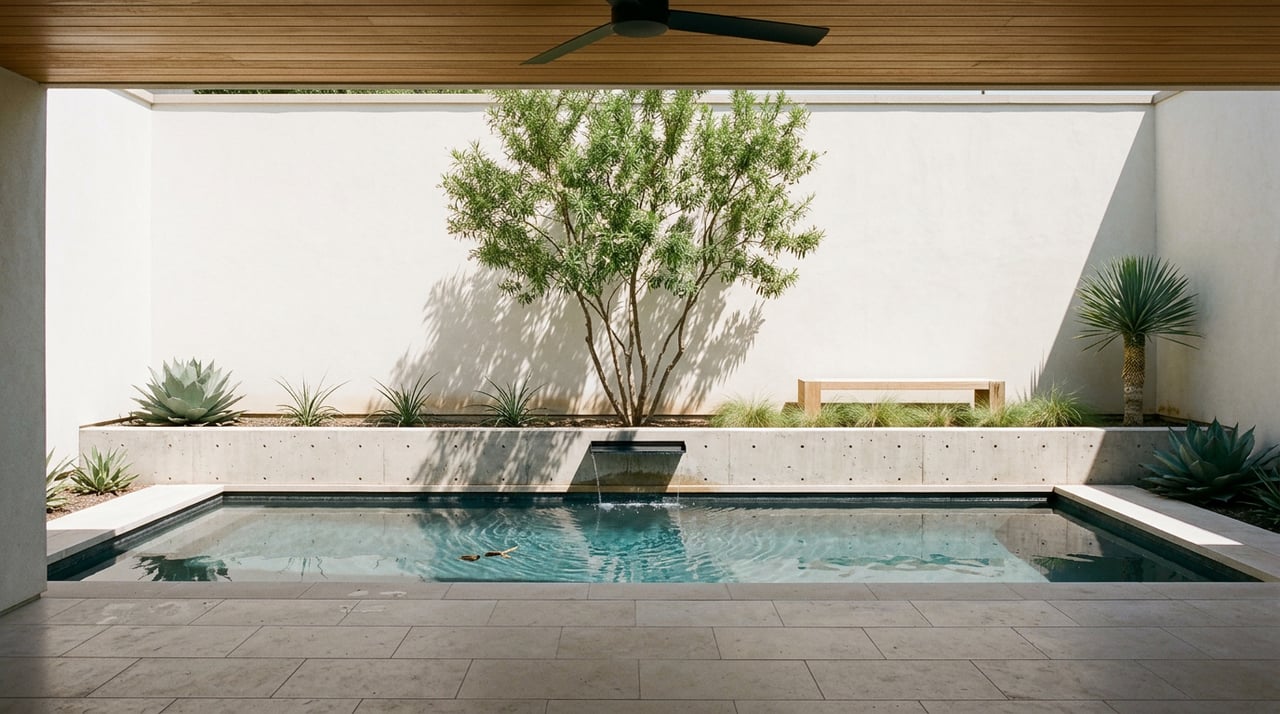 A dark-plastered plunge pool reflects a sunlit stucco wall, specimen tree, oak bench, and slim black water spout.