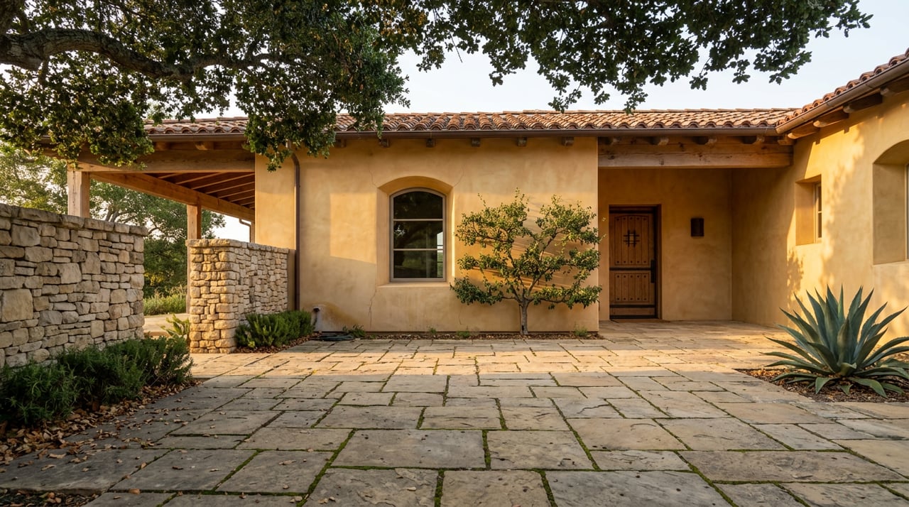 Estate wing with timber loggia and arched window, beyond a moss-jointed flagstone court beneath a spreading oak.