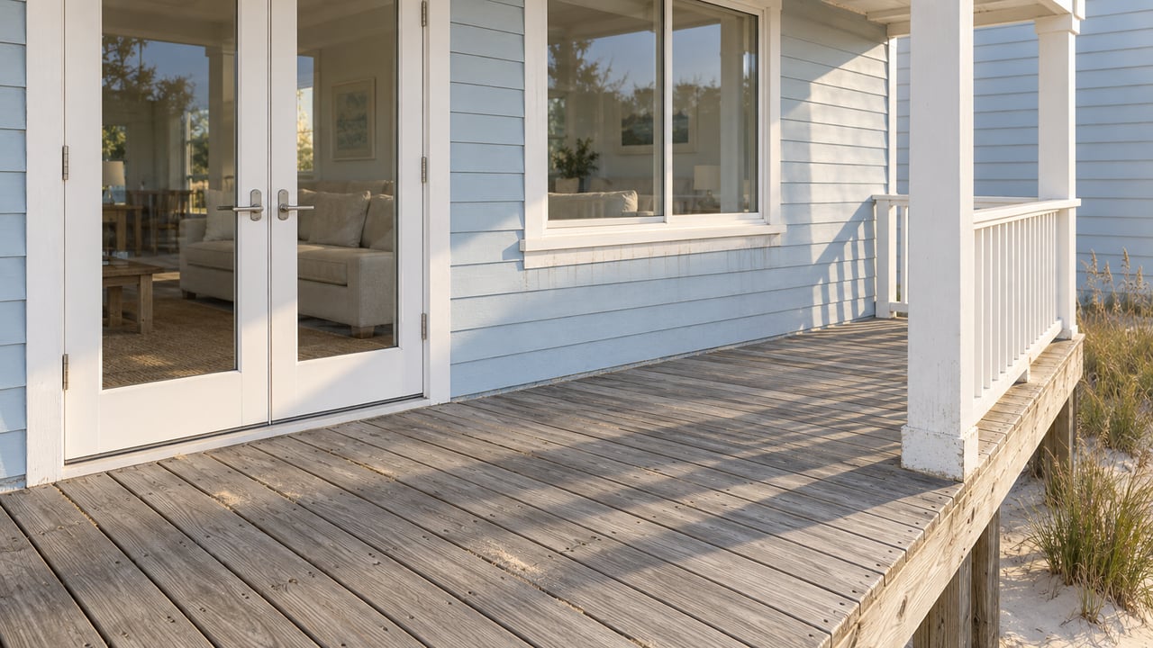 Weathered elevated timber porch beside pale-blue siding and closed glass doors, with white railings and sea oats growing in sand below.