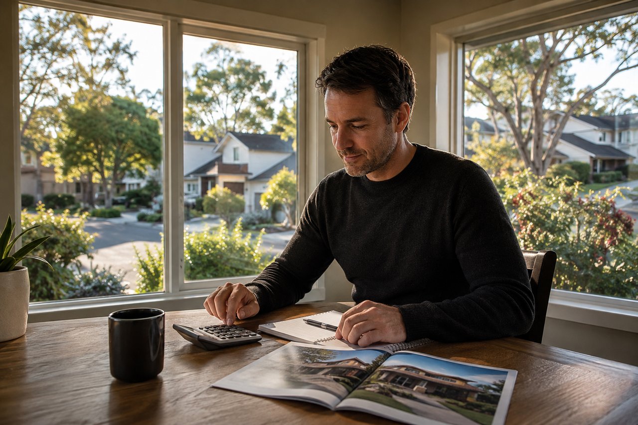Central Coast homebuyer comparing housing costs beside a calculator and a residential property brochure.