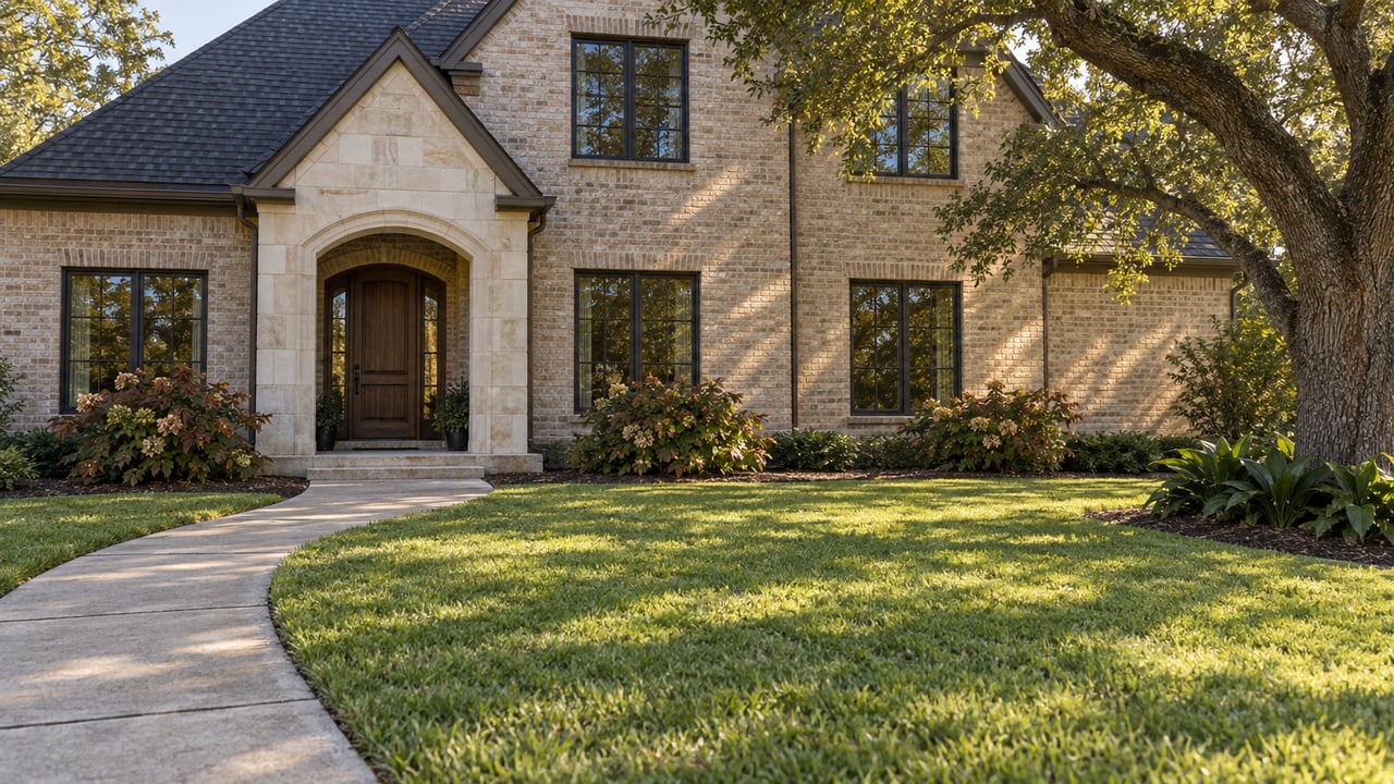 Established pale-brick home with a limestone arched entry, broad green lawn and mature oak in afternoon light.